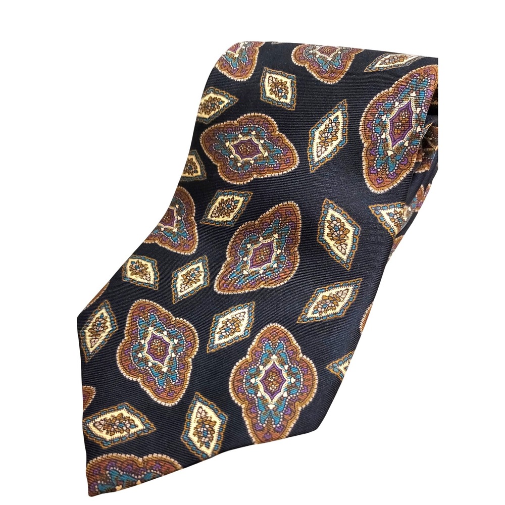 Oscar de la Renta Classic Mens Silk Necktie Black Brown Paisley Diamond Pattern